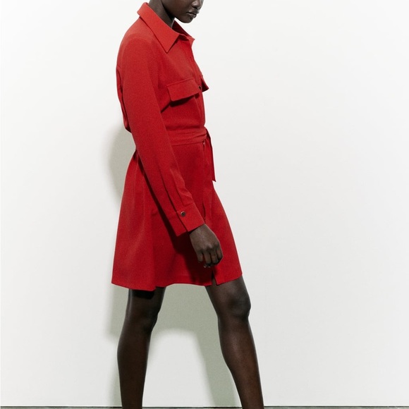 Zara NWT red tie belted mini shirt dress gold button front collared flap pocket - Picture 3 of 4